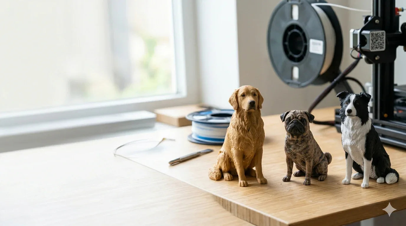 3D-geprinte hondenfiguren naast 3D-printer, perfect voor persoonlijk maatwerk in Zeeland